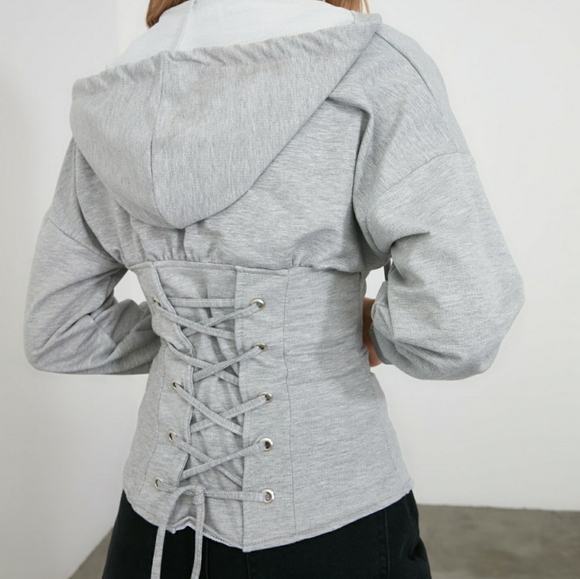 Gray tie detail hooded sweatshirt - Picture 6 of 8